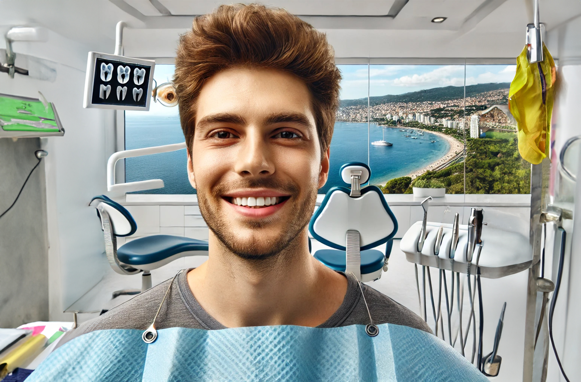 Turkey Teeth: Patient smiling after successful dental implant surgery at Quadro Dental in Antalya, with a view of the Antalya coastline.