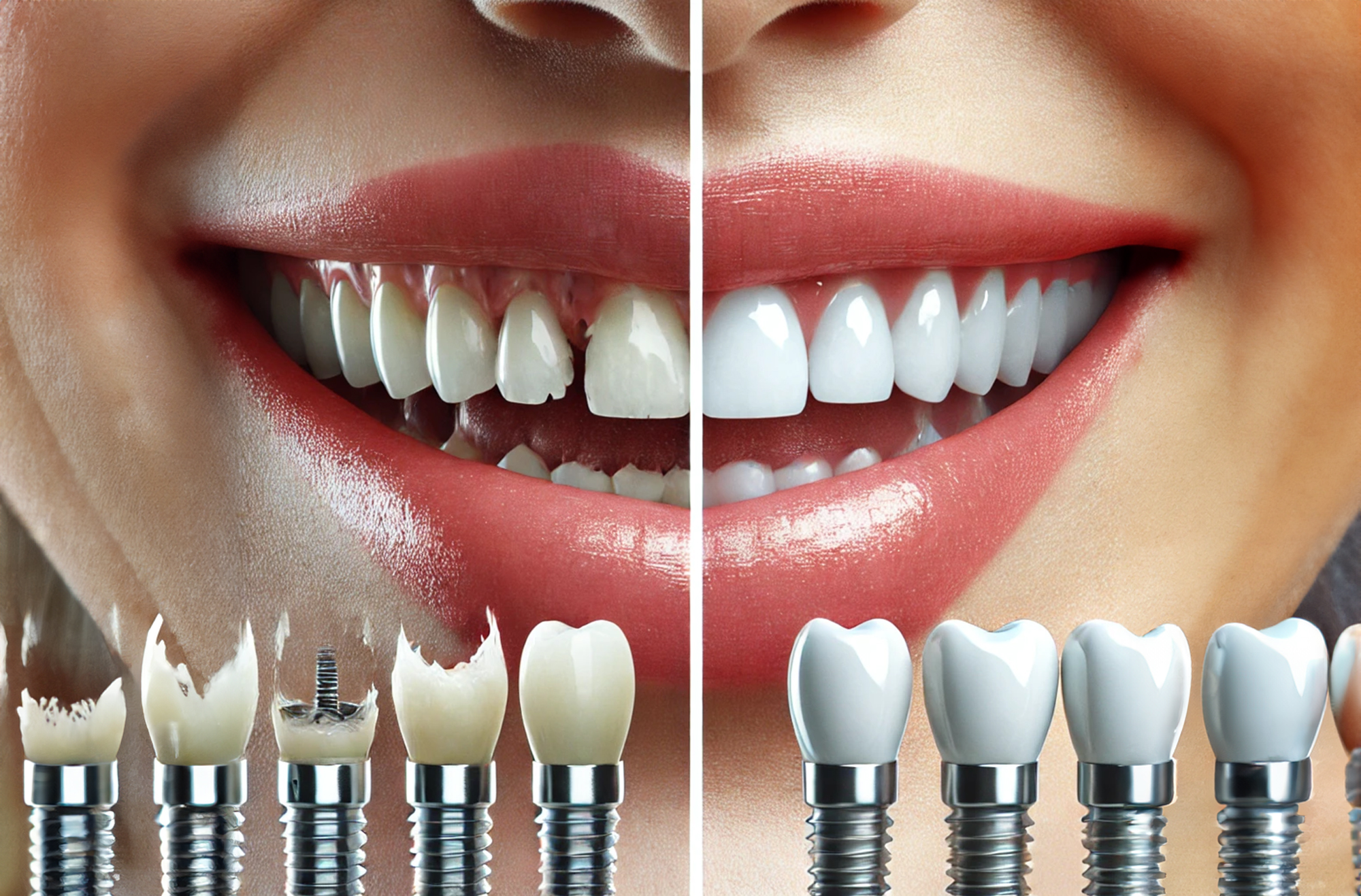 A collage showing before and after dental implants with damaged teeth on the left and a bright, restored smile on the right, in a professional dental clinic setting.