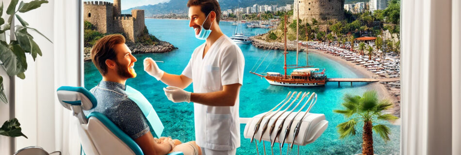 A modern dental clinic in Antalya, Turkey, with a dentist consulting an international patient and Antalya's scenic coastline visible in the background, representing dental tourism.