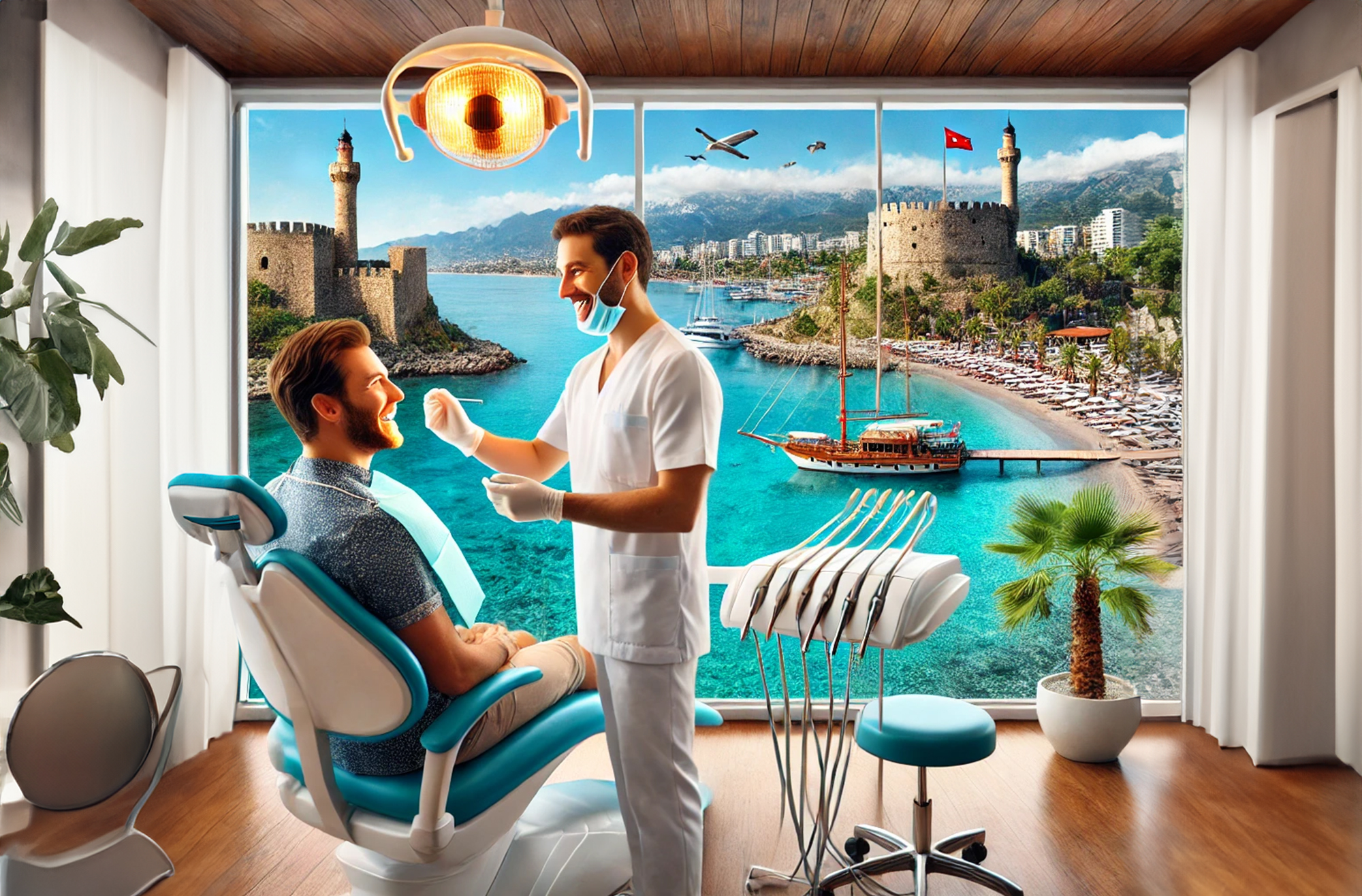 A modern dental clinic in Antalya, Turkey, with a dentist consulting an international patient and Antalya's scenic coastline visible in the background, representing dental tourism.