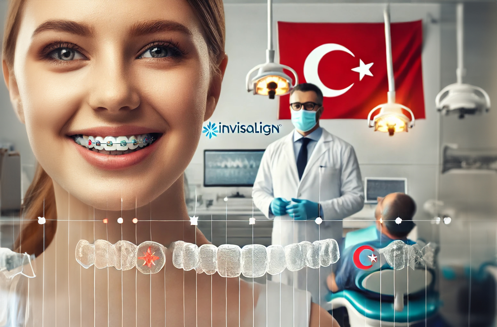 A patient in Turkey wearing Invisalign aligners at a modern dental clinic, showcasing advanced technology and expert orthodontic care.