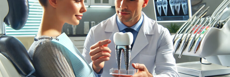 A professional dental clinic in Turkey where a dentist explains teeth implants to a patient using a 3D model.