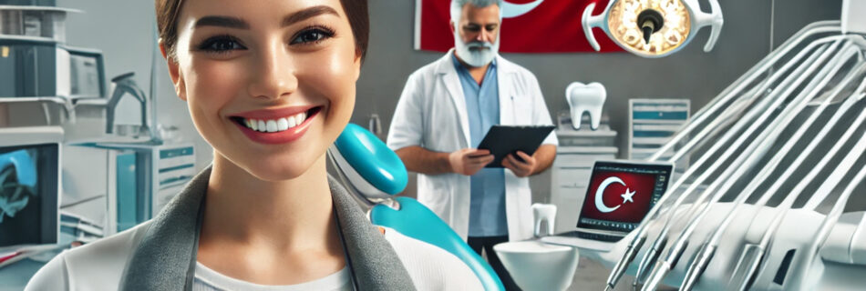 A happy patient at a modern dental clinic in Turkey, showcasing the results of high-quality teeth Turkey treatments with advanced equipment.