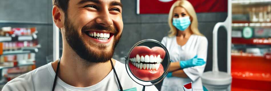 A happy patient admiring their Turkey new teeth in a mirror at a modern dental clinic, showcasing affordable and high-quality dental care.