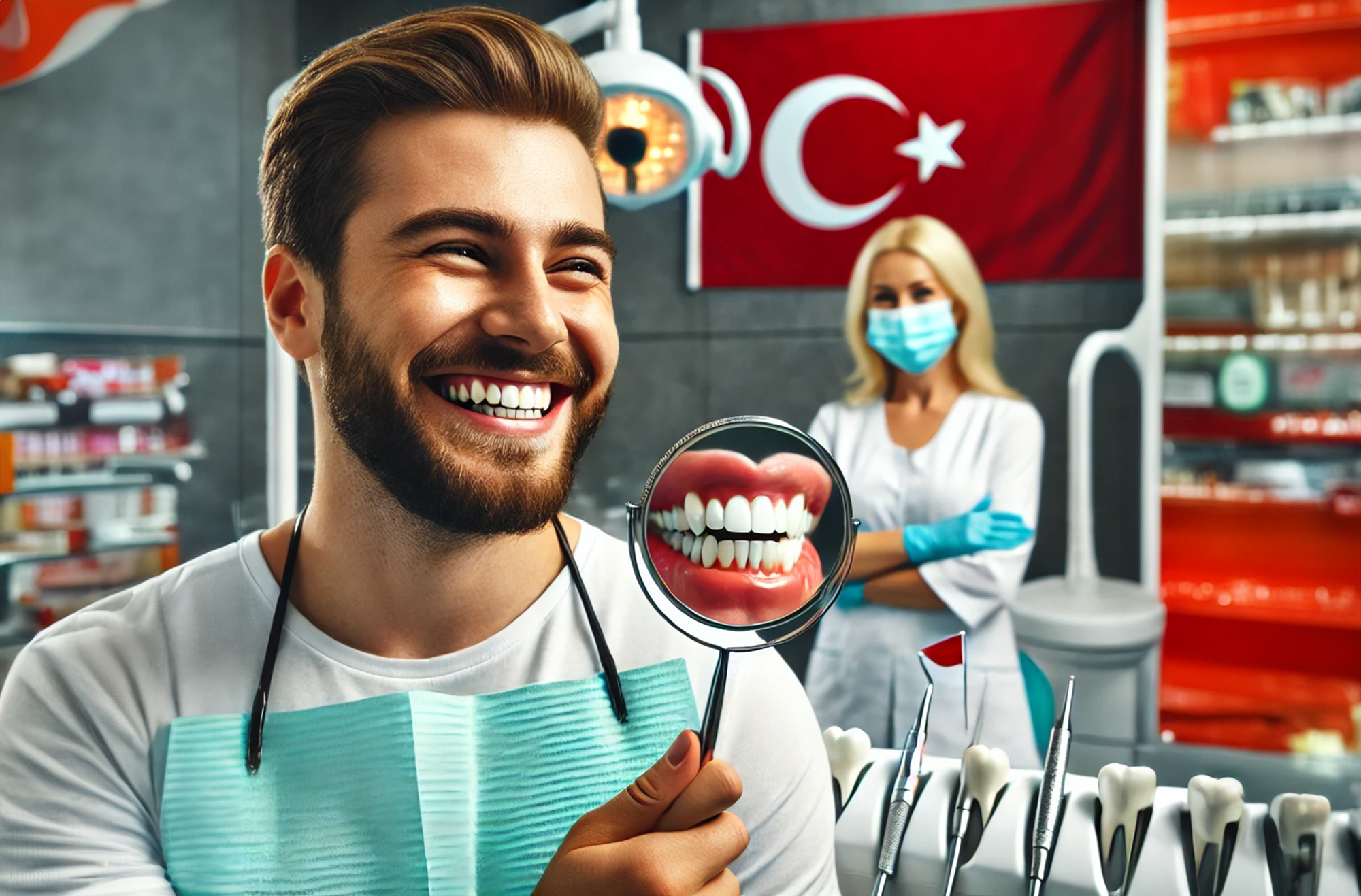 A happy patient admiring their Turkey new teeth in a mirror at a modern dental clinic, showcasing affordable and high-quality dental care.