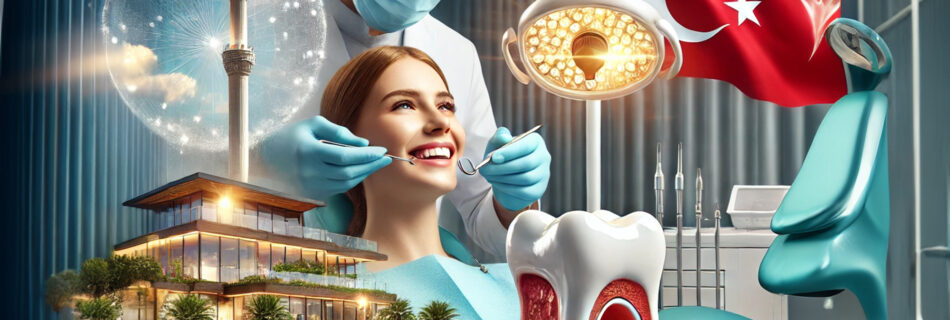 A dentist performing a treatment in a modern clinic with a smiling patient, featuring a 5-star hotel and Turkish flag, emphasizing affordable Turkey teeth cost.