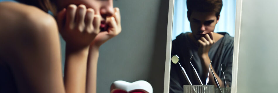 A young adult sitting in front of a mirror, examining their teeth with a disappointed expression, representing the regret associated with aggressive dental treatments. Highlighting the risks tied to Turkey Teeth Gone Wrong.