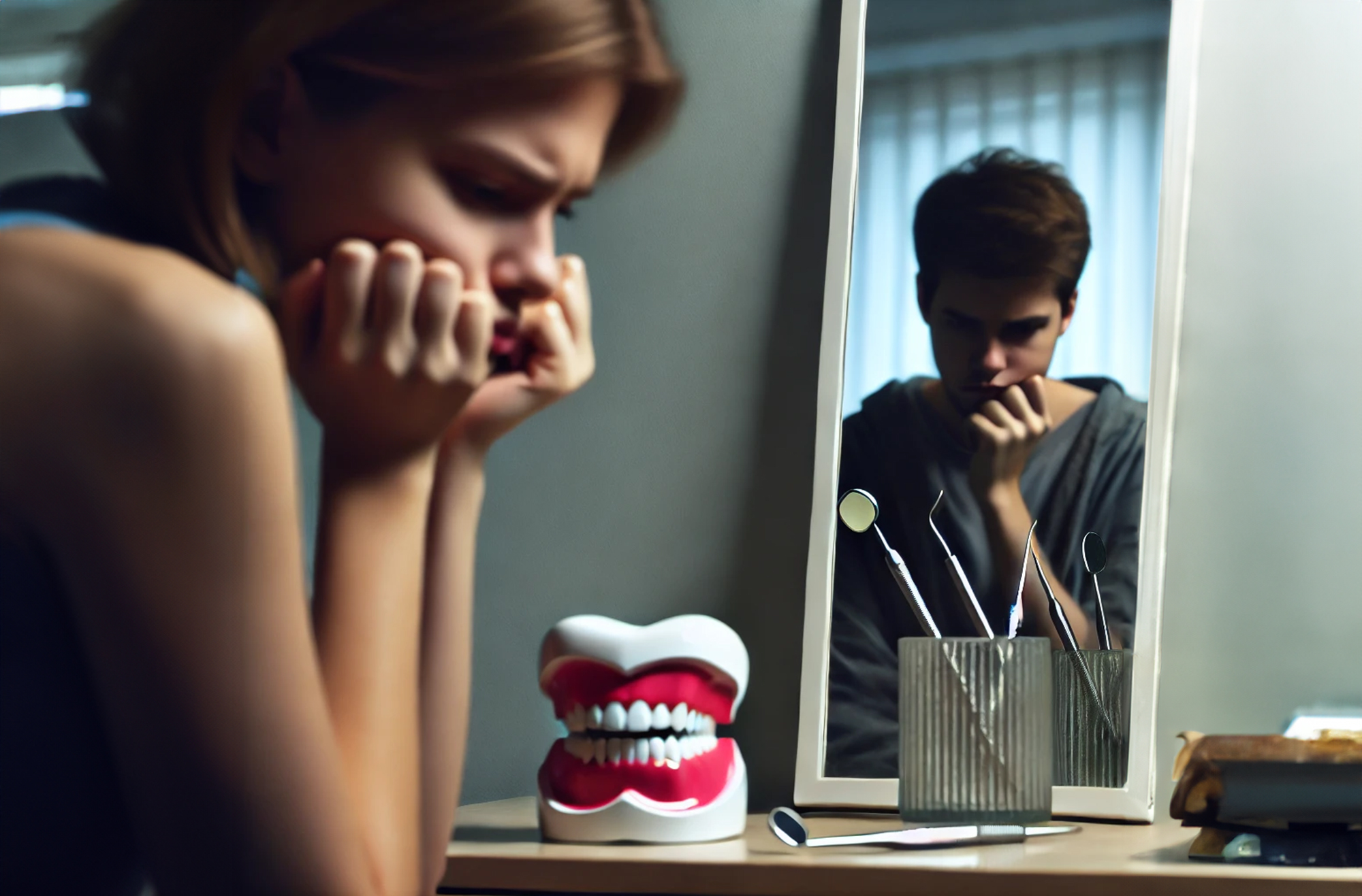 A young adult sitting in front of a mirror, examining their teeth with a disappointed expression, representing the regret associated with aggressive dental treatments. Highlighting the risks tied to Turkey Teeth Gone Wrong.