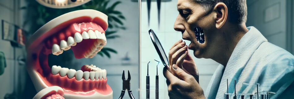 A distressed adult examining their swollen jaw and misplaced dental implants in a mirror, symbolizing the risks of Turkey teeth implants gone wrong.