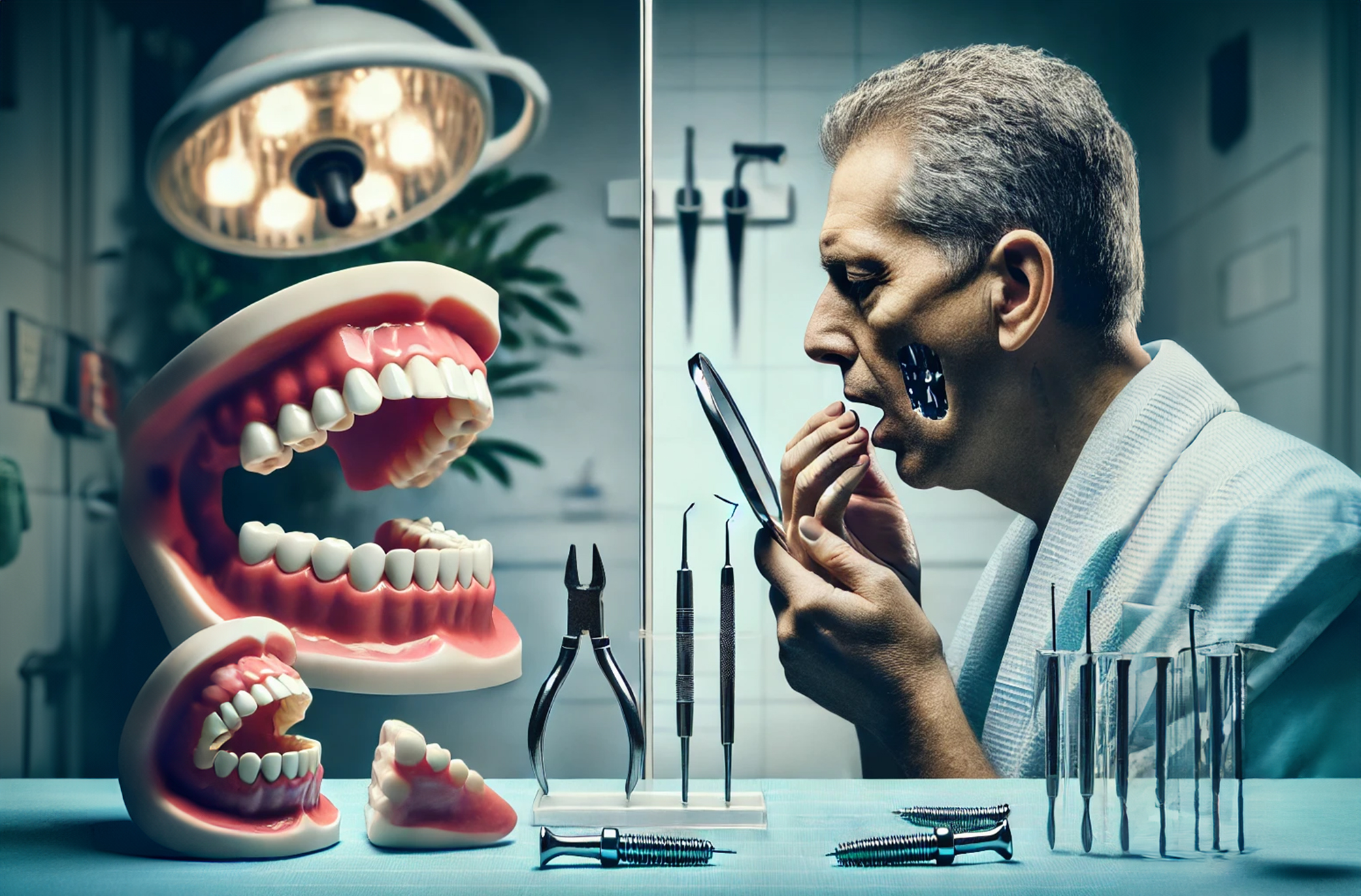 A distressed adult examining their swollen jaw and misplaced dental implants in a mirror, symbolizing the risks of Turkey teeth implants gone wrong.