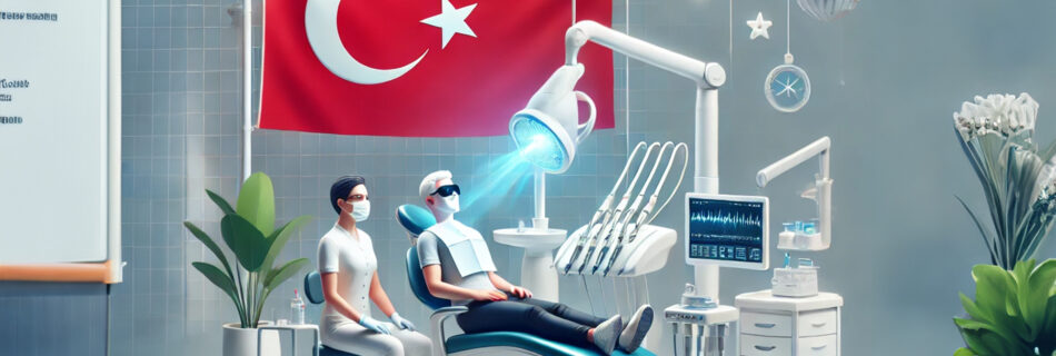 A patient undergoing a teeth whitening procedure in a modern Turkish clinic, highlighting the affordability and quality of Turkey teeth whitening treatments.